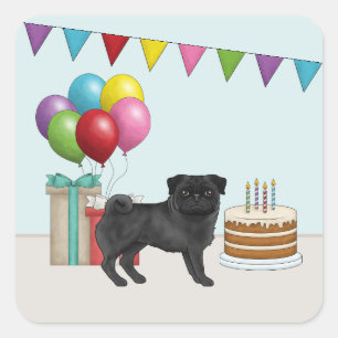 Sticker Carré Carlin noir mignon dessin chien coloré Anniversair