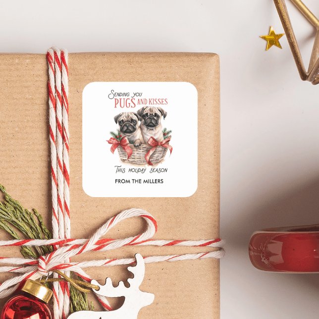 STICKER CARRÉ CARLINS ET KISSES FUNNY MERRY NOËL TEXTE PERSONNAL (PUGS AND KISSES CHRISTMAS PUPPY THEMED STICKERS WITH CUSTOM TEXT.)
