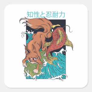 Sticker Carré Carpe Koï avec Dessin de Renard de Style Japonais