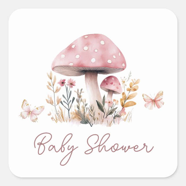 Sticker Carré Carré Baby shower de champignon rose (Devant)