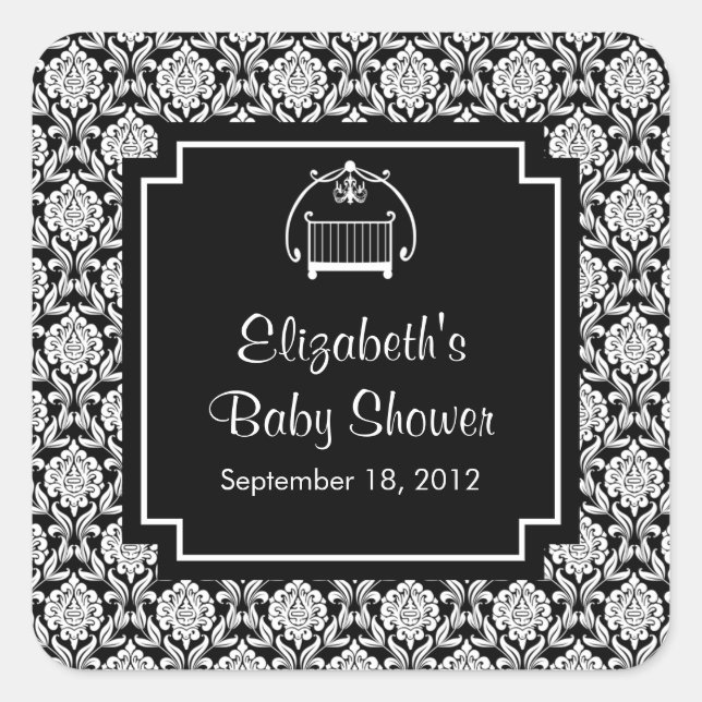 Sticker Carré Carré de Baby shower en damas noir et blanc (Devant)