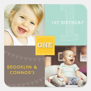Sticker Carré Carré Jaune Croquis One Twins 1er Anniversaire Pho