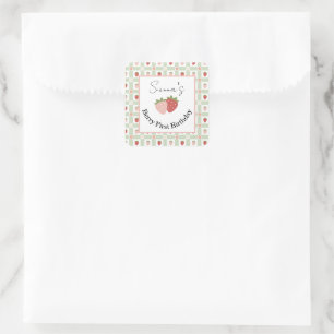 Sticker Carré Carré modifiable Gingham Fraise 1er Anniversaire 