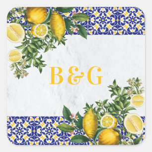 Sticker Carré Carrelage bleu blanc jaune méditerranéen Mariage c