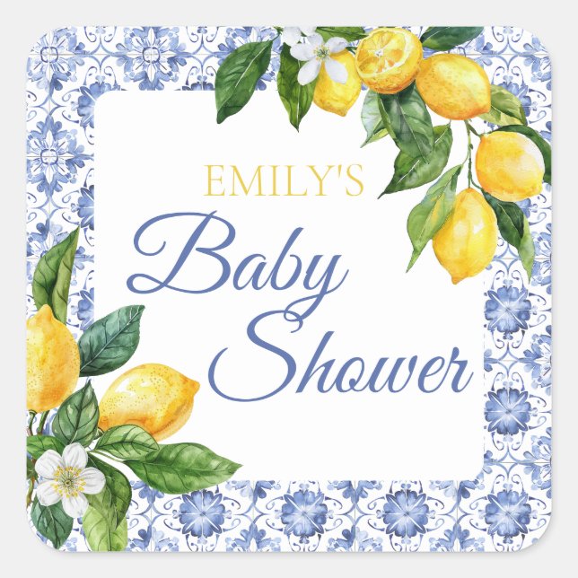 Sticker Carré Carrelage bleu méditerranéen Baby shower citron (Devant)