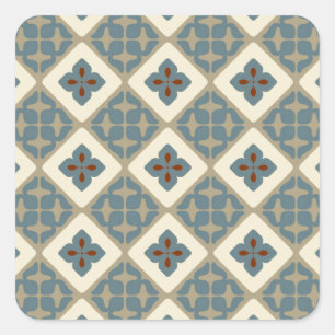 Sticker Carré Carrelage Floral marocain Motif Bleu Tan Rouge