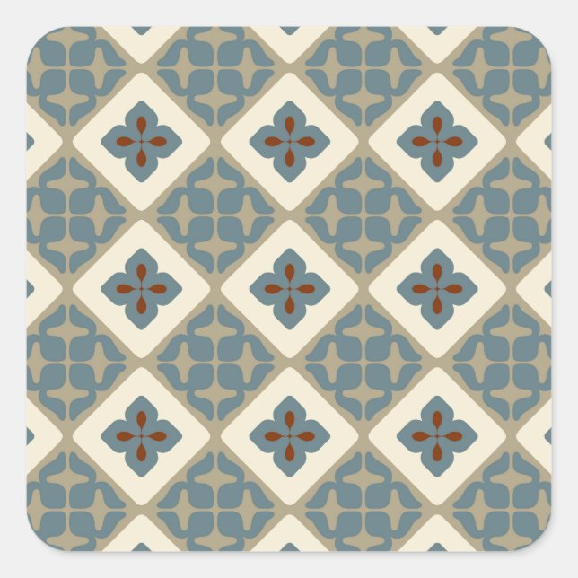 Sticker Carré Carrelage Floral marocain Motif Bleu Tan Rouge (Devant)