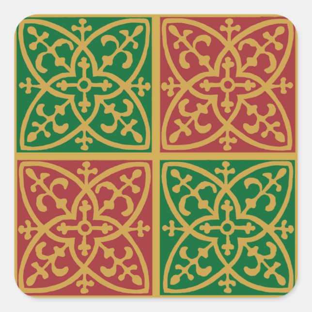 Sticker Carré Carrelage rouge et vert sur Motif or (Devant)