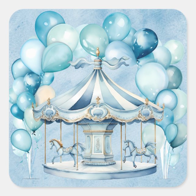 Sticker Carré Carrousel Bleu avec Ballons Arc Baby shower garçon (Devant)