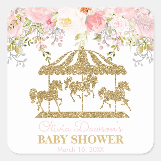 Sticker Carré Carrousel floral Blush Baby shower rose et or (Devant)