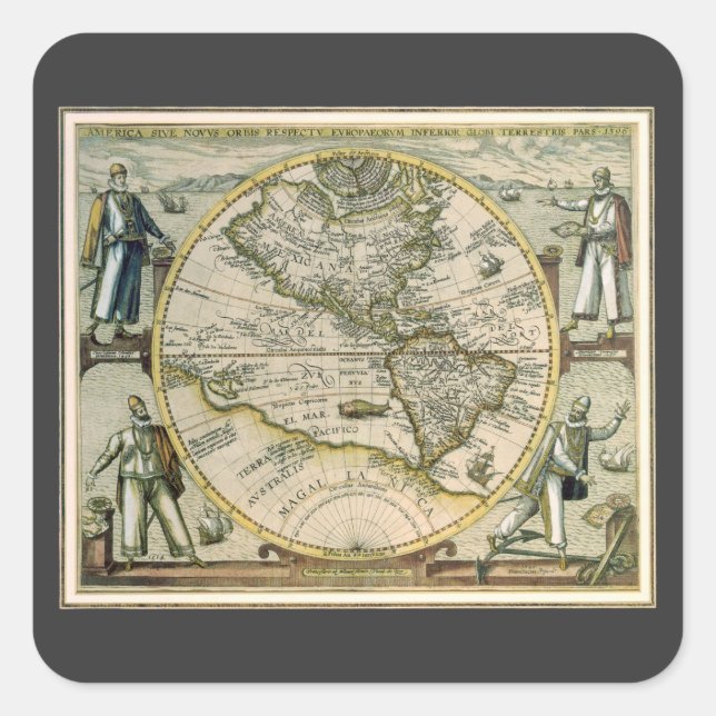 Sticker Carré Carte antique, 1596, America Sive Novus Orbis (Devant)