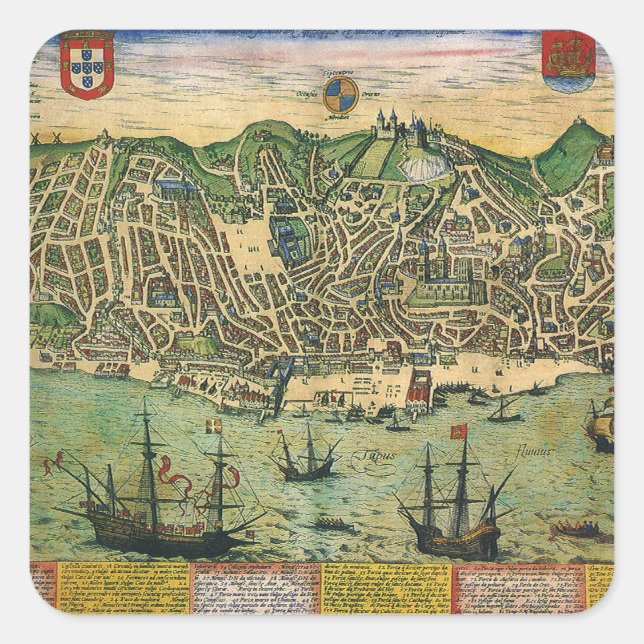 Sticker Carré Carte antique de Lisbonne, Portugal par Braun/Hoge (Devant)