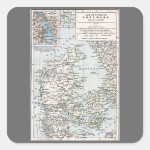 Sticker Carré Carte antique du Danemark, Danmark en danois, 1905