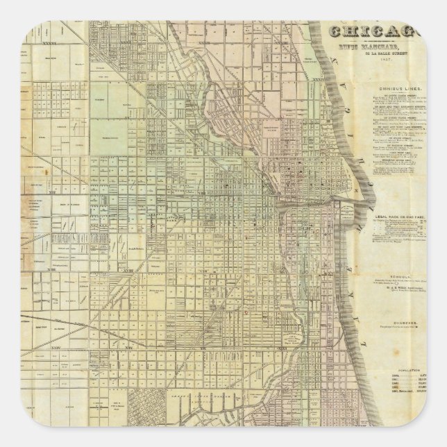 Sticker Carré Carte de Chicago Illinois 1857 (Devant)