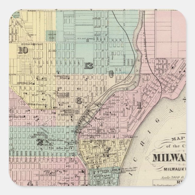 Sticker Carré Carte de la ville de Milwaukee, Milwaukee Co (Devant)
