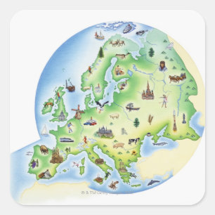 Sticker Carré Carte de l'Europe avec des illustrations de
