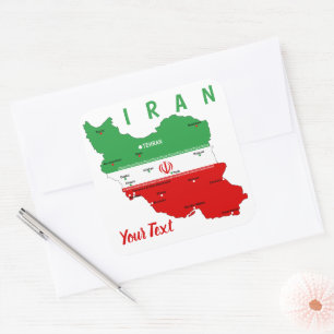 Sticker Carré Carte de l'Iran avec drapeau et emblème
