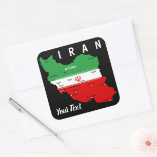 Sticker Carré Carte de l'Iran avec drapeau et emblème