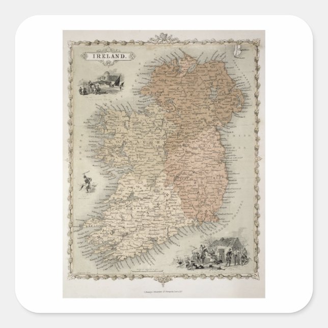 Sticker Carré Carte de l'Irlande, publiée c.1850 (coloré à la ma (Devant)