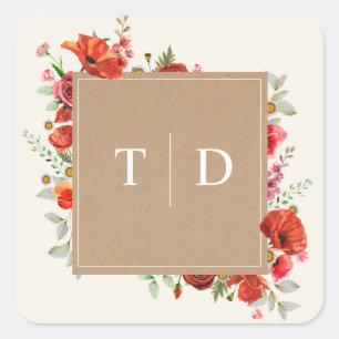 Sticker Carré Carte de mariage en carton Monogram Poppy Fleur Sa
