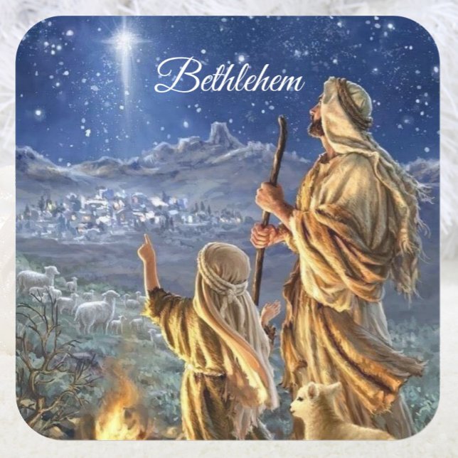 Sticker Carré Carte de Noël Star of Bethlehem Shepherds (Créateur téléchargé)