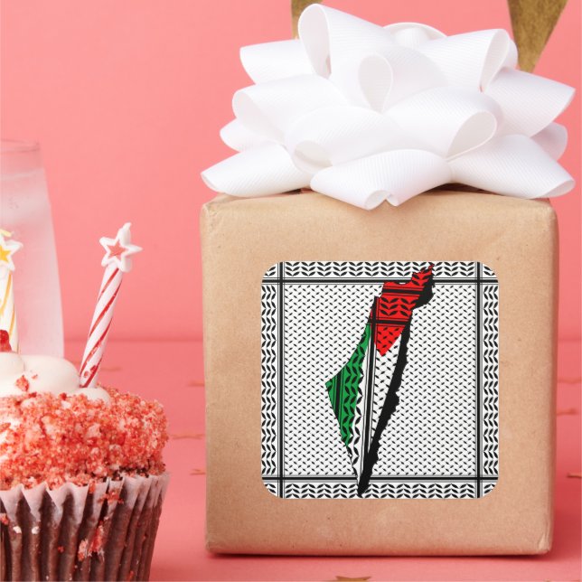 Sticker Carré Carte de Palestine avec drapeau et Motif Keffiyeg (Fête)