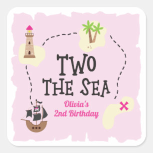 Sticker Carré Carte de pirate Deux à la mer Anniversaire rose