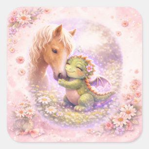 Sticker Carré Carte de vœux d'amitié de dragon et de cheval mign
