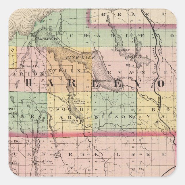 Sticker Carré Carte des comtés de Charlevoix et d'Antrim, Michig (Devant)