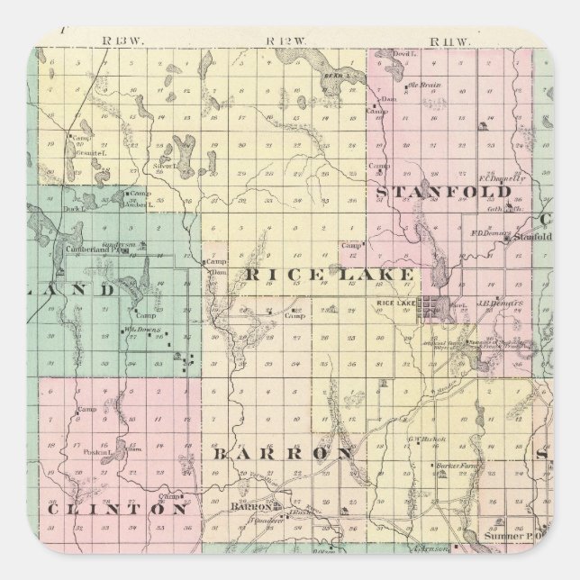 Sticker Carré Carte du comté de Barron, État du Wisconsin (Devant)