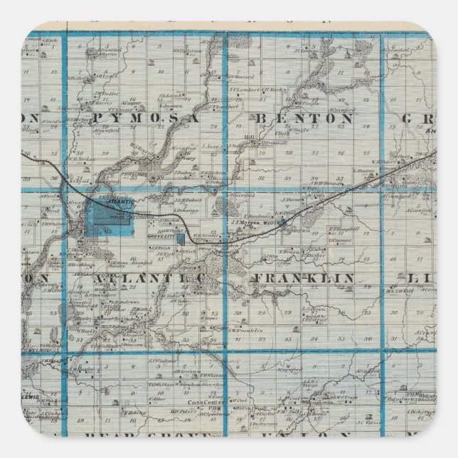 Sticker Carré Carte du comté de Cass, État de l'Iowa (Devant)