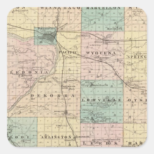 Sticker Carré Carte du comté de Columbia, État du Wisconsin (Devant)