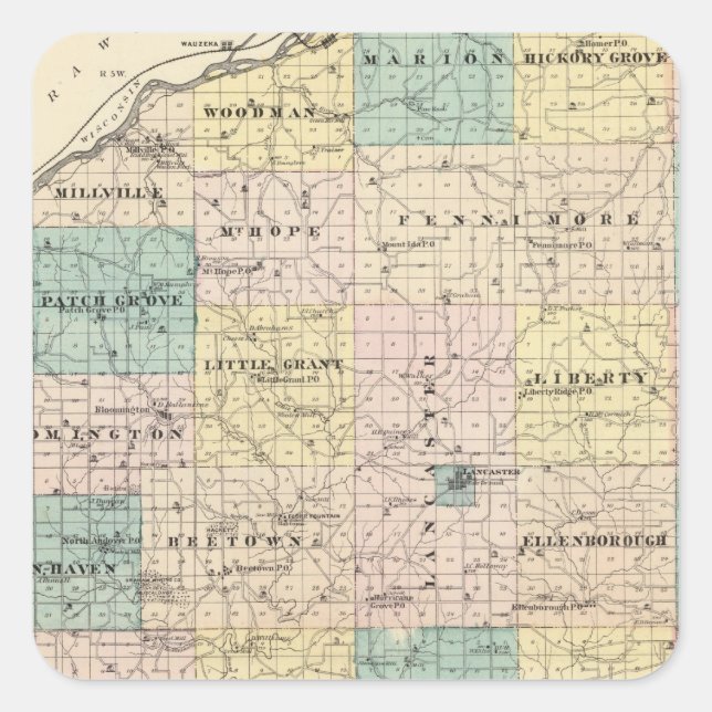 Sticker Carré Carte du comté de Grant et du village de Lancaster (Devant)