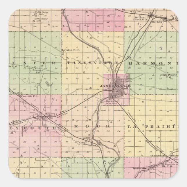 Sticker Carré Carte du comté de Rock, État du Wisconsin (Devant)