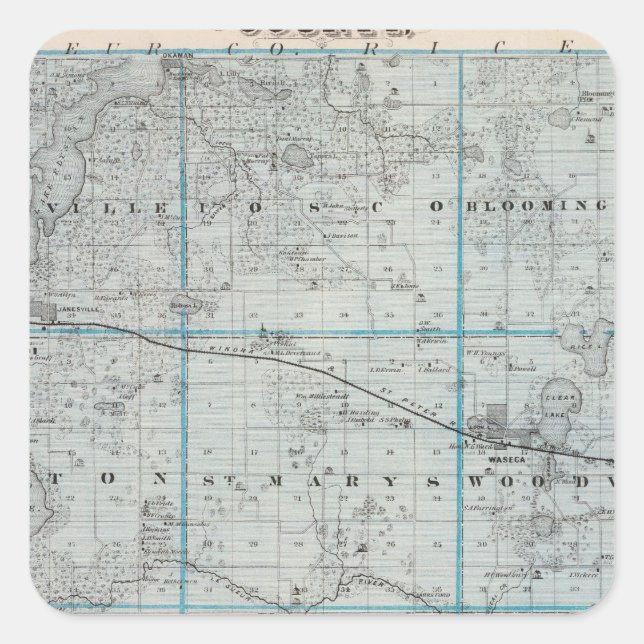 Sticker Carré Carte du comté de Waseca, Minnesota (Devant)