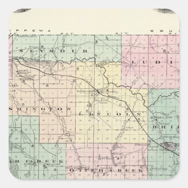 Sticker Carré Carte du comté d'Eau Claire, État du Wisconsin (Devant)