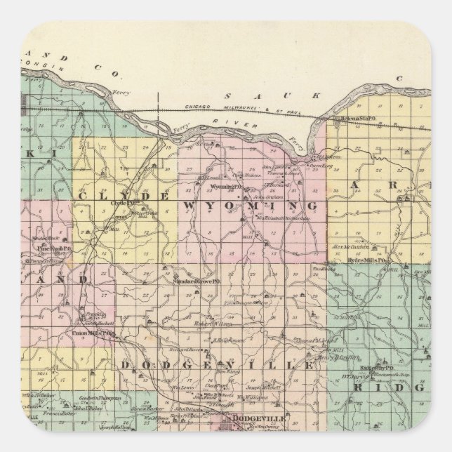 Sticker Carré Carte du comté d'Iowa, État du Wisconsin (Devant)