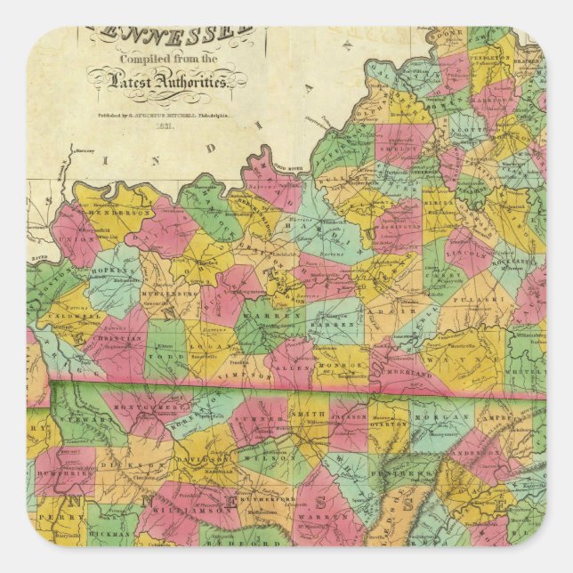 Sticker Carré Carte du Kentucky et du Tennessee (Devant)