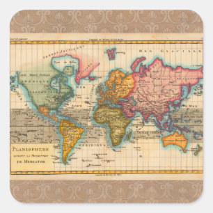Sticker Carré Carte du Monde 1780 Bonne Antique Planisphère