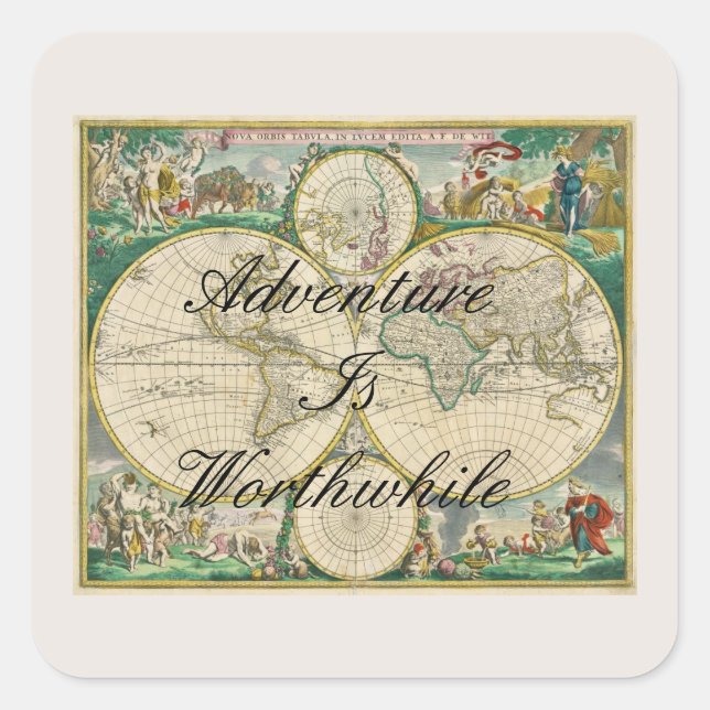 Sticker Carré carte du monde ancien voyage vacances aventure cit (Devant)