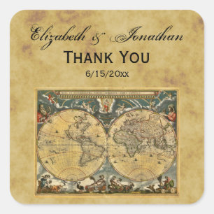 Sticker Carré Carte du monde antique, sceaux d'enveloppe en reli