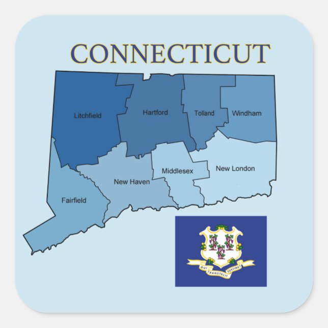Sticker Carré Carte et drapeau du Connecticut avec les comtés (Devant)