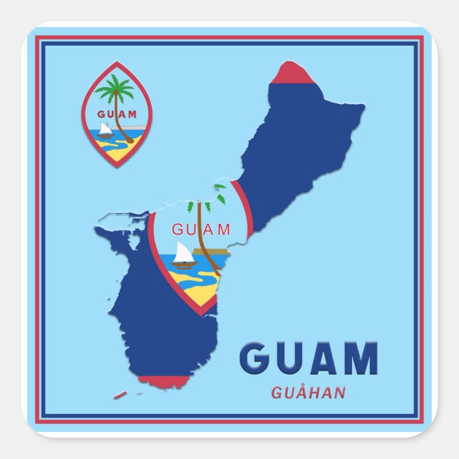 Sticker Carré Carte et sceau du drapeau de Guam (Devant)