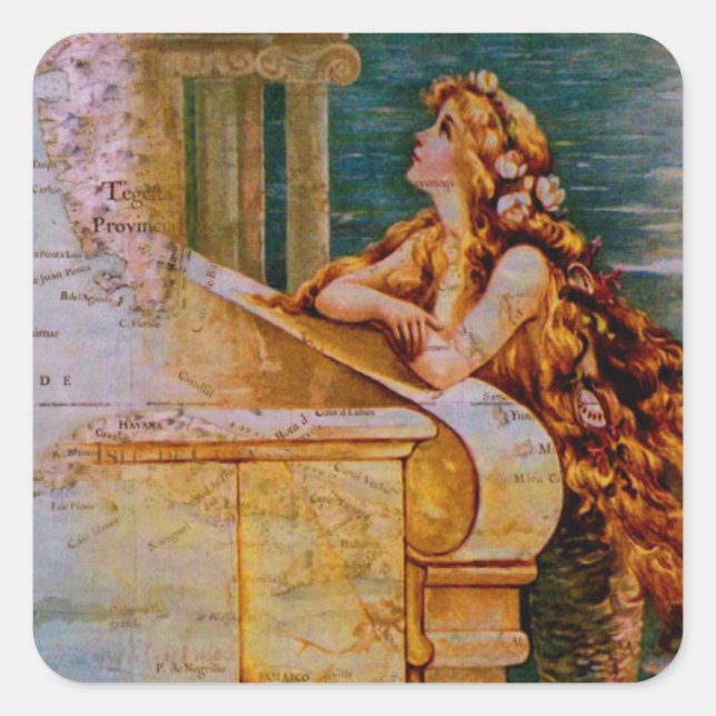 Sticker Carré Carte marine antique et sirène (Devant)