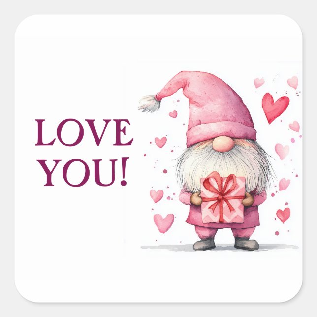 Sticker Carré carte mignonne avec dessin animé gnome rose en amo (Devant)