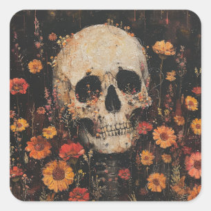 Sticker Carré Carte postale Crâne et fleurs