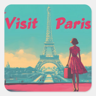 Sticker Carré Carte postale Retro Tour Eiffel Illustration de vo