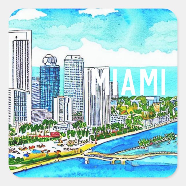 Sticker Carré Carte postale Tropical de Miami Skyline (Devant)