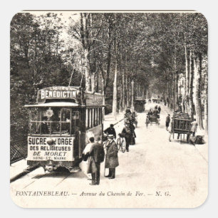 Sticker Carré Carte postale vintage, Tramway à Fontainbleau,