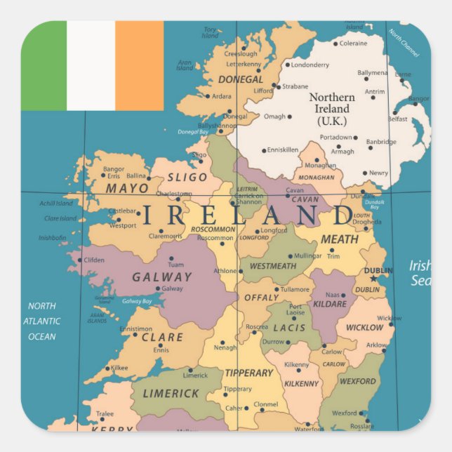 Sticker Carré Carte vintage de l'Irlande (Devant)